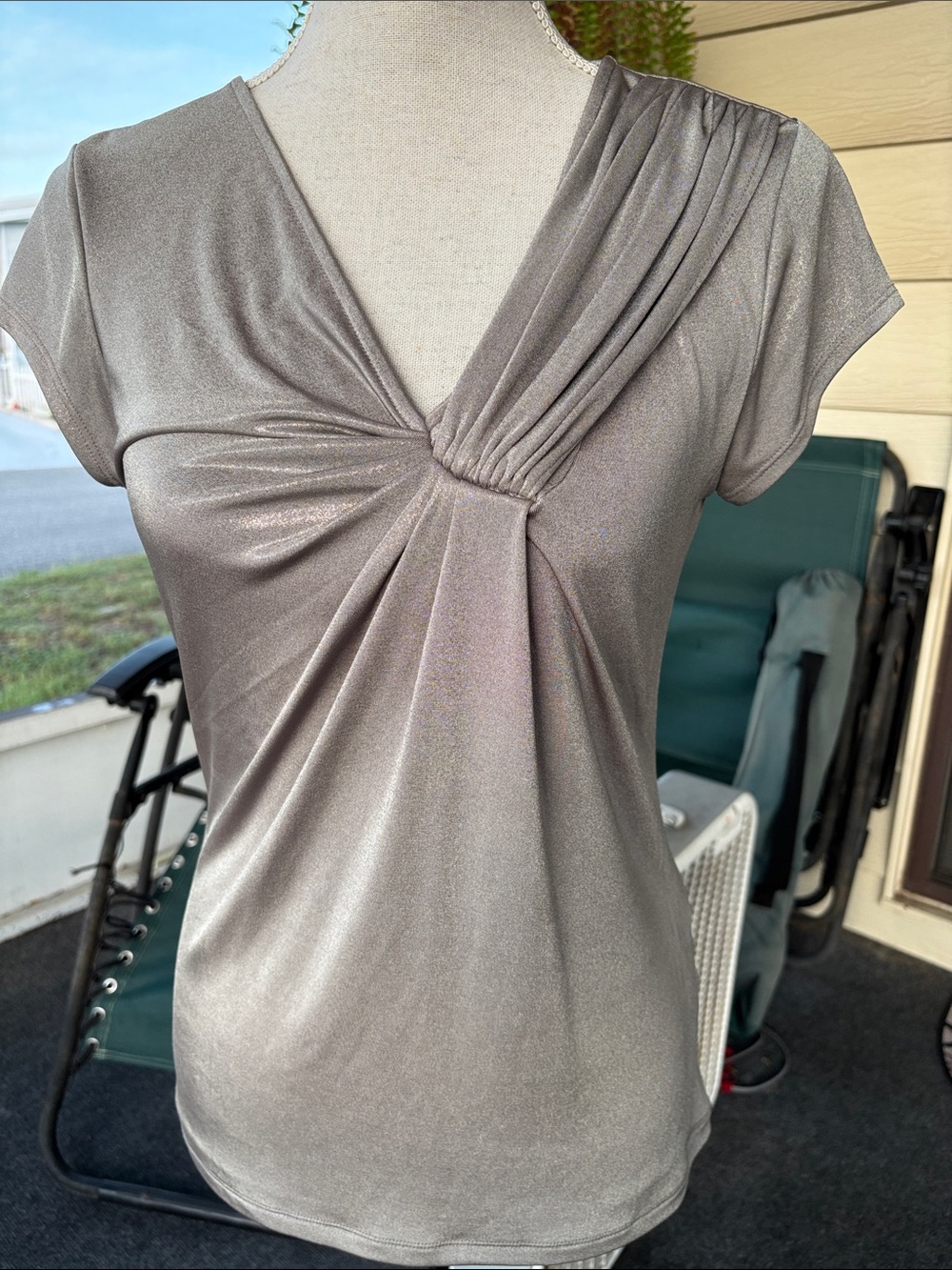 New York & Company Metallic Twist V-Neck Top in Pewter